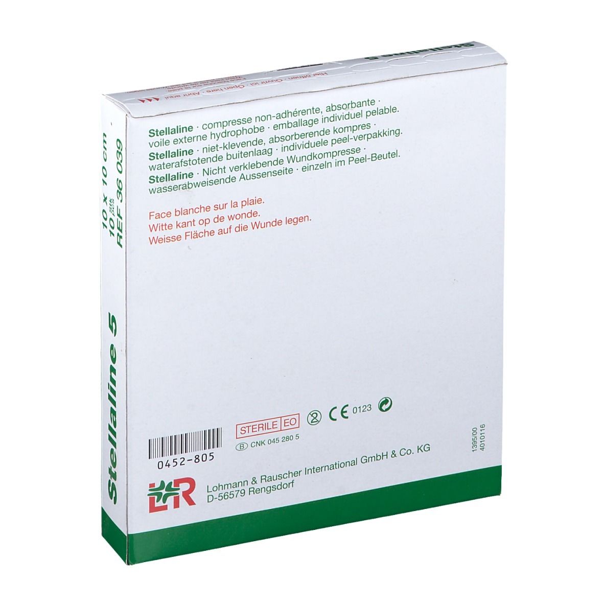 Achterkant van de verpakking van Stellaline 5, 10x10 cm. Opschriften: STERILE EO, CE-markering, Lohmann & Rauscher.