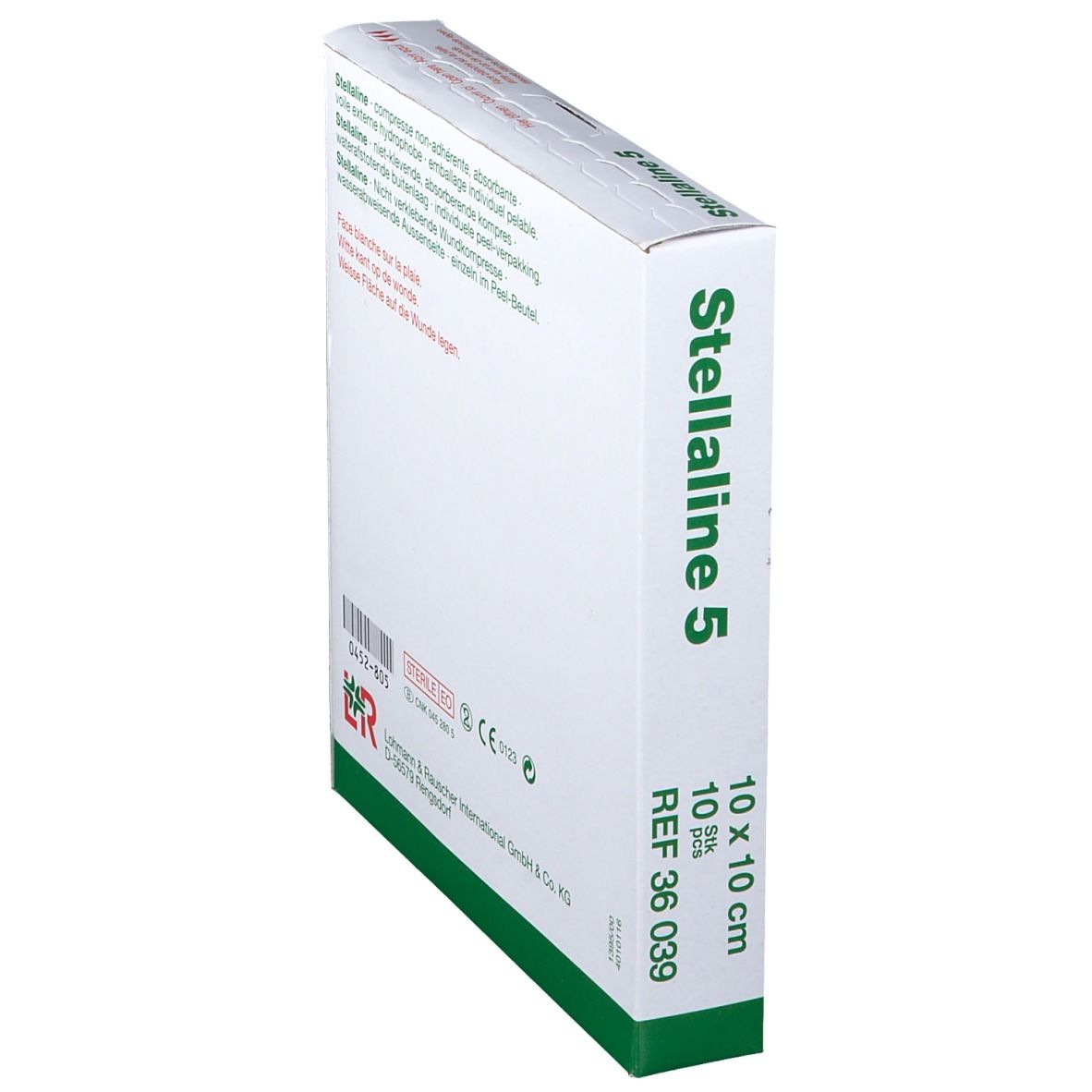 Schuin geplaatste verpakking van Stellaline 5, 10x10 cm. Opschriften: STERILE EO, CE-markering, Lohmann & Rauscher.