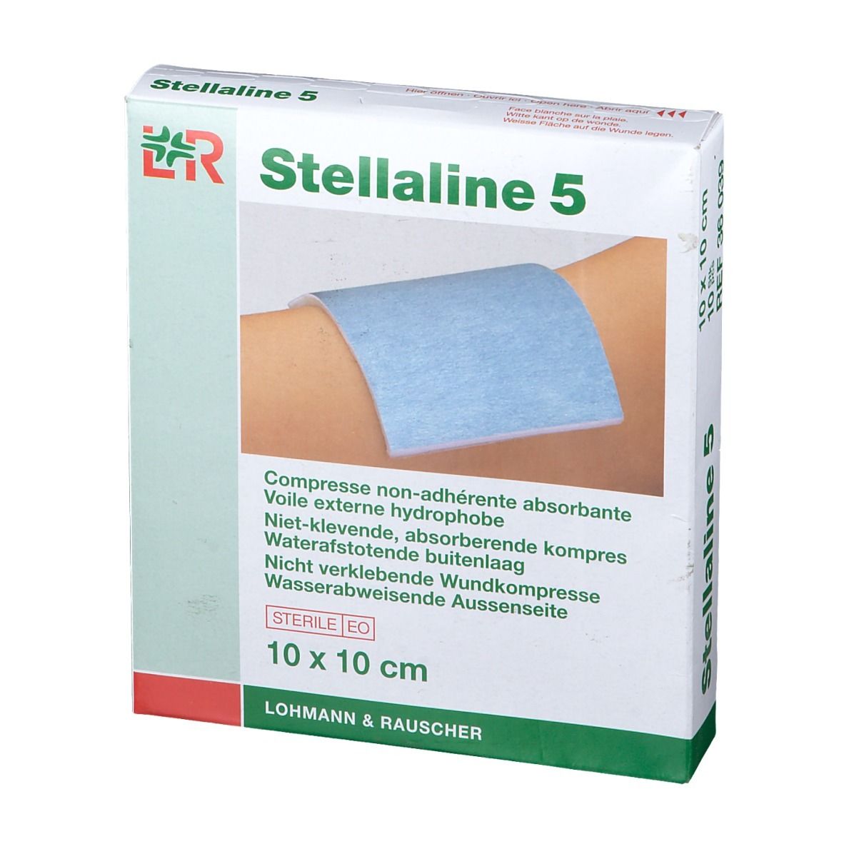 Verpakking van Stellaline 5, 10x10 cm. Een verband op een arm. Opschriften: STERILE EO, Lohmann & Rauscher.
