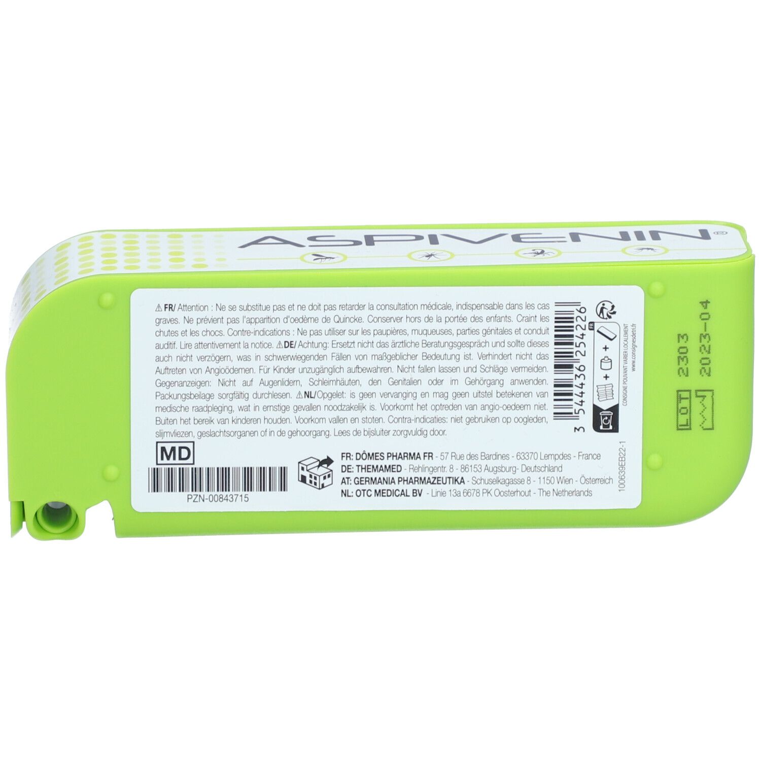 Grüne Verpackung mit ASPIVENIN-Schriftzug und Text. Aufdrucke mit Informationen und Haltbarkeitsdatum.