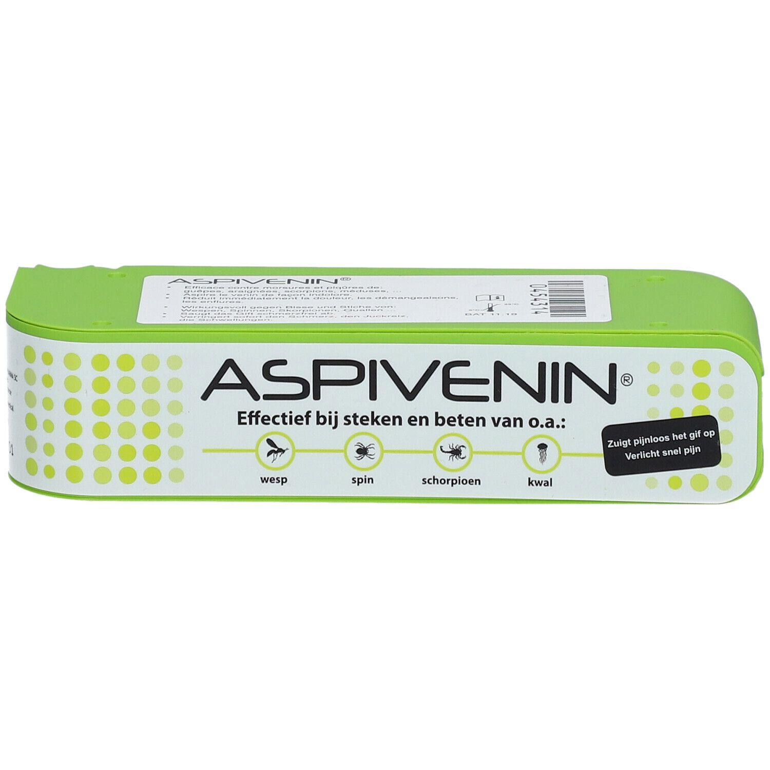 Grüne Verpackung mit ASPIVENIN-Schriftzug und Text. Abgebildet sind Insekten-Icons.