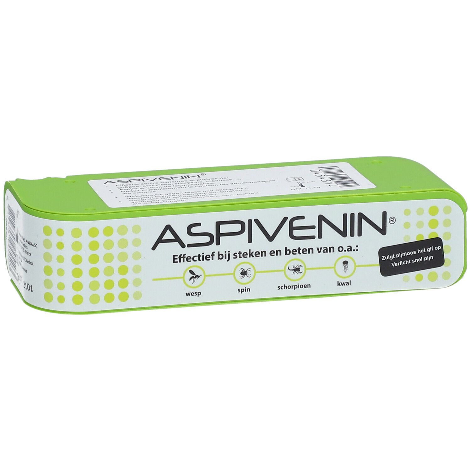 Grüne Verpackung mit ASPIVENIN-Schriftzug und Text. Abgebildet sind Insekten-Icons.