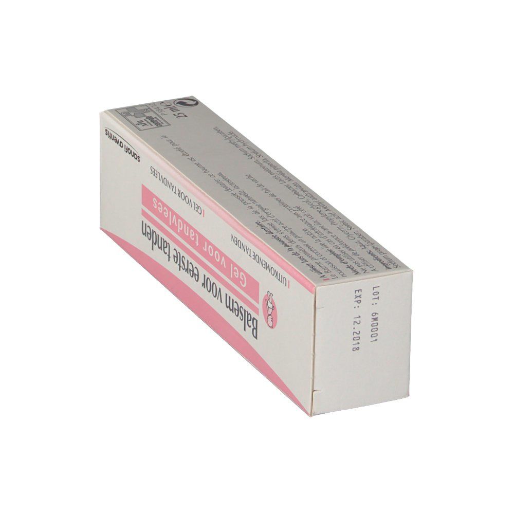 Boîte en carton avec texte et nom du produit. Couleurs rose et blanc. 25 ml.