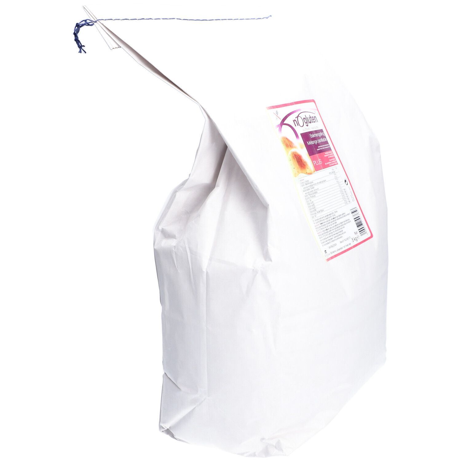 Witte zak, gedeeltelijk open. Roze etiket met "no gluten" en "Bakermelange".