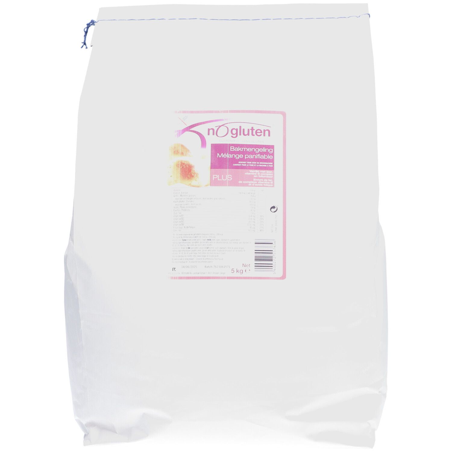 Witte zak met roze etiket. Op het etiket staat "no gluten" en "Bakermelange".