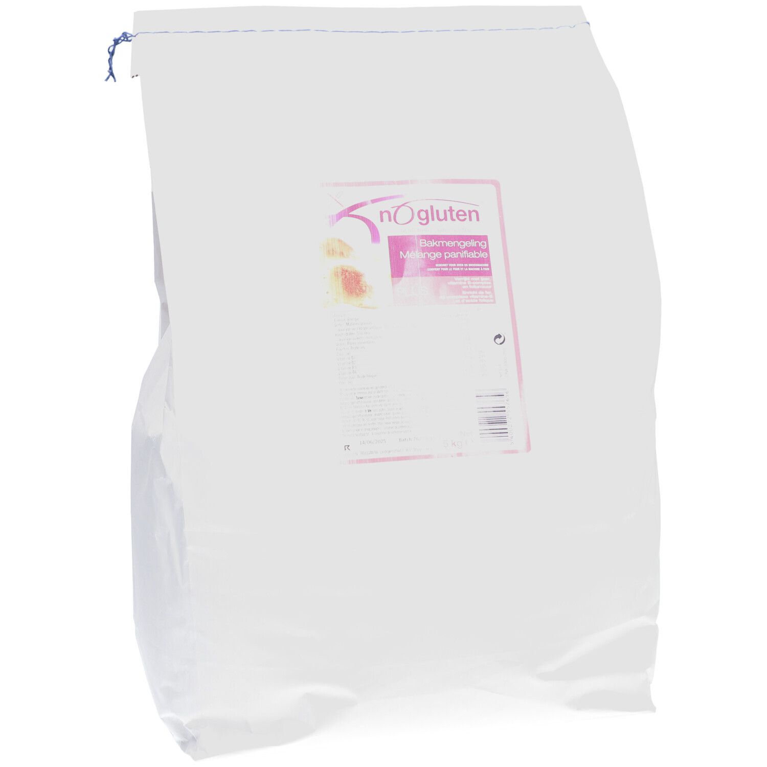 Witte zak met roze etiket. Op het etiket staat "no gluten" en "Bakermelange".