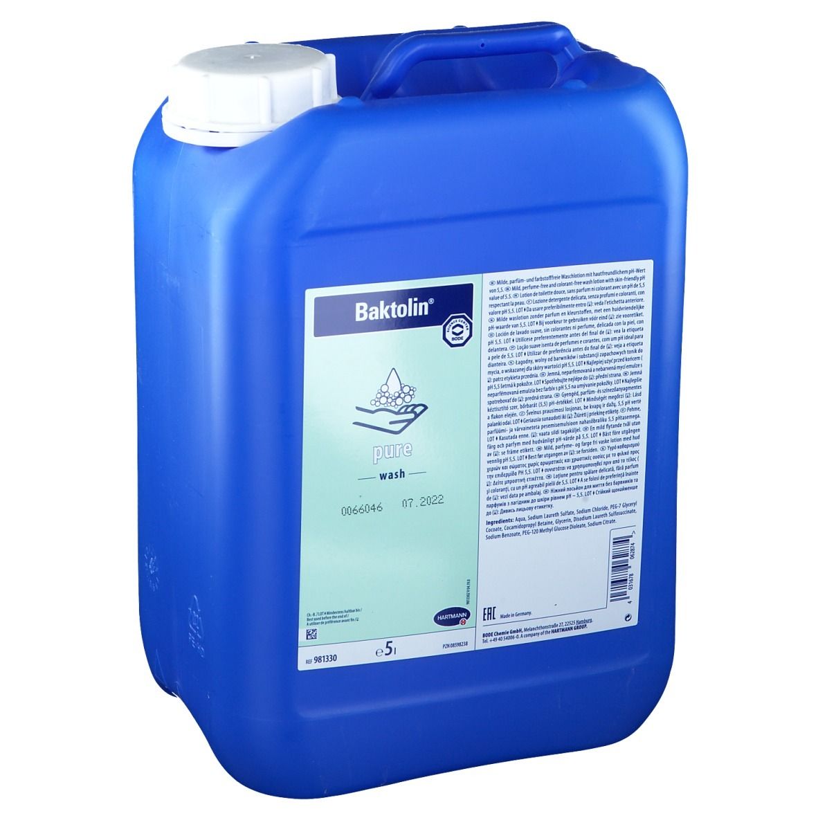 Blauwe jerrycan met handvat en witte dop. Opschrift Baktolin pure wash. 5 liter.