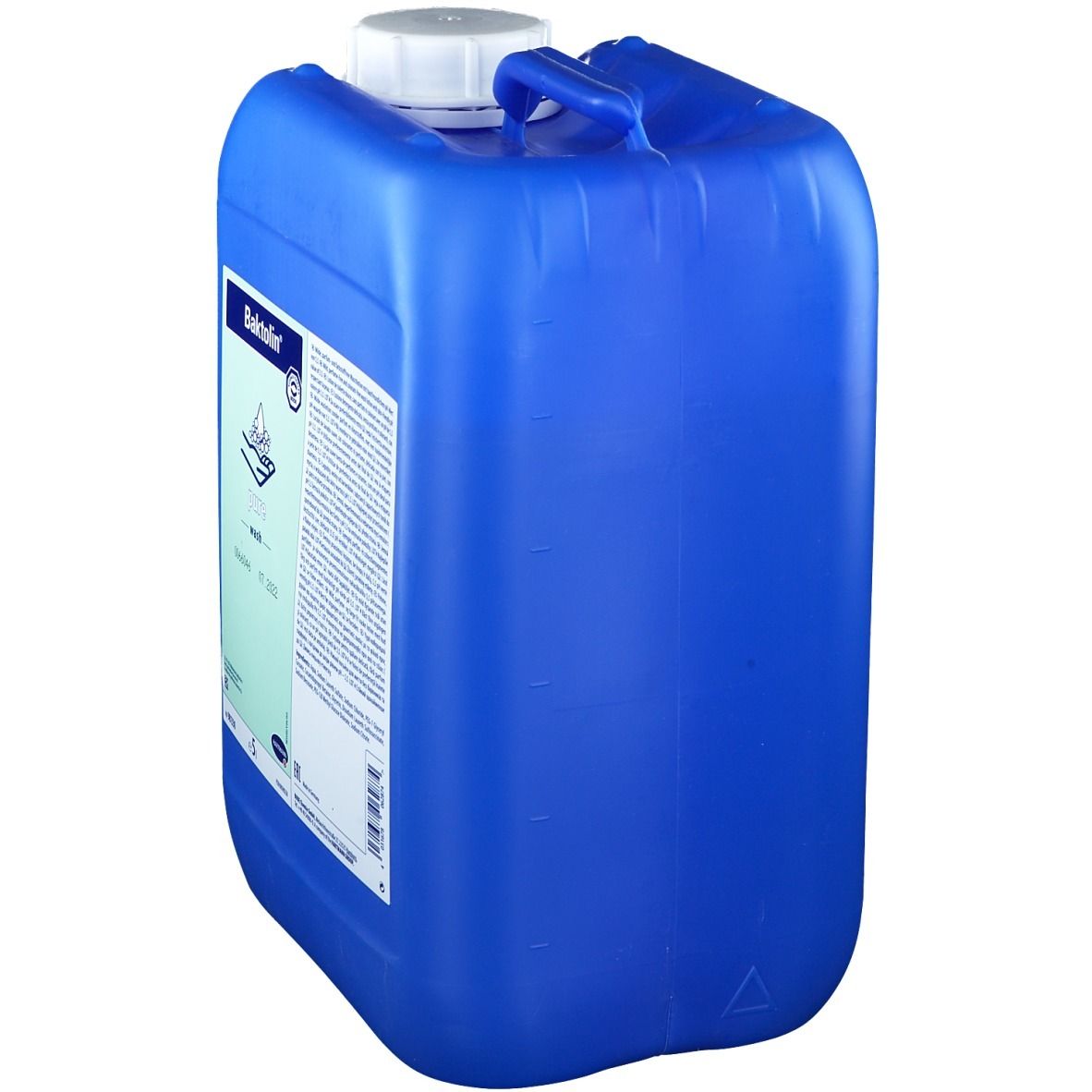 Blauwe jerrycan met handvat en witte dop. Opschrift Baktolin en tekst. 5 liter.