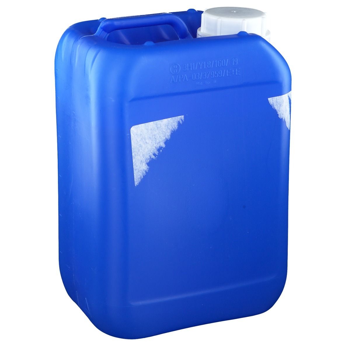 Blauwe jerrycan met handvat en witte dop. Resten van stickers. 5 liter.