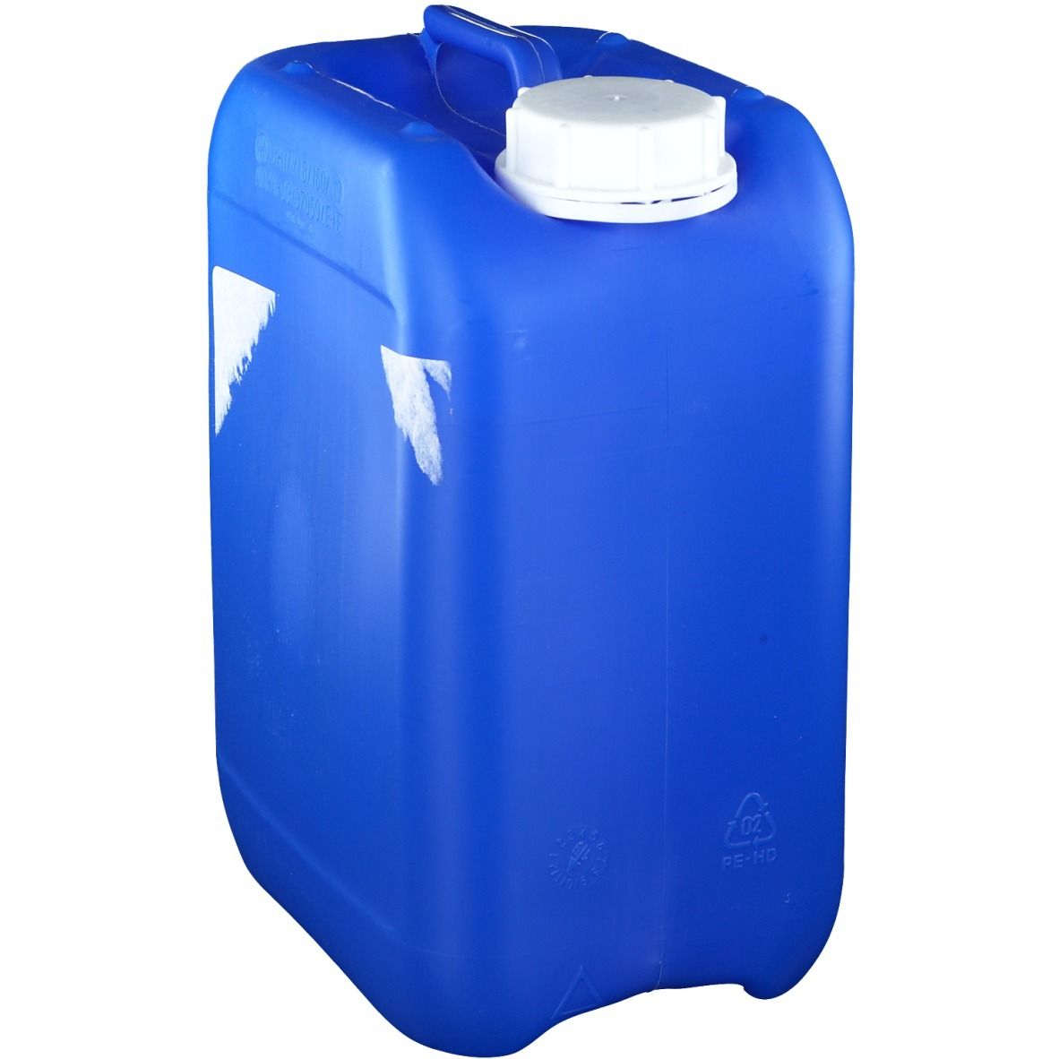 Blauwe jerrycan met handvat en witte dop. Resten van stickers. 5 liter.