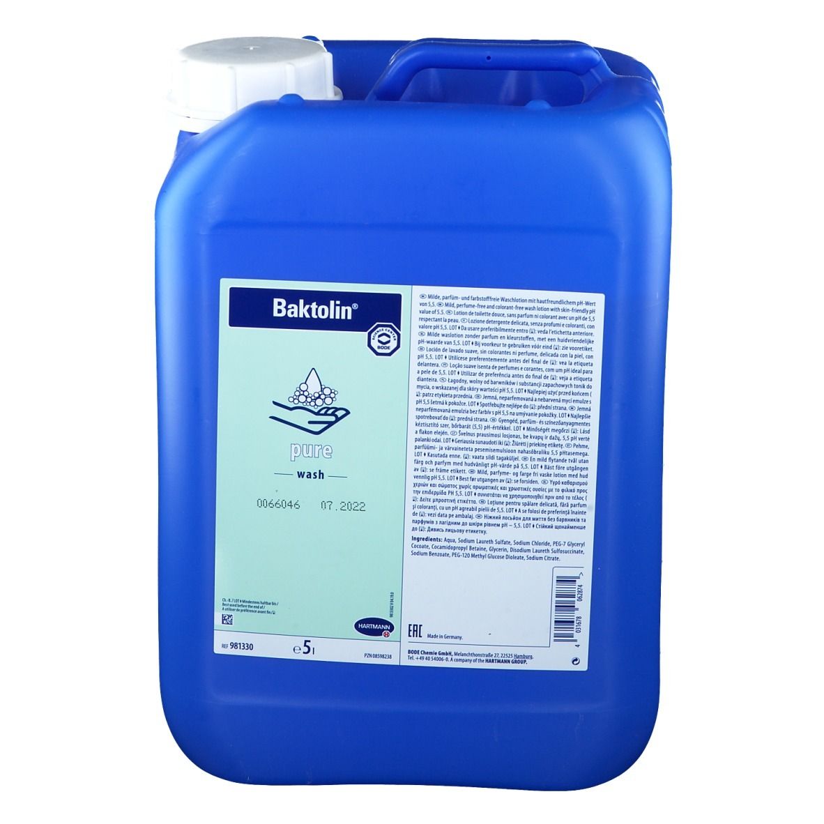Blauwe jerrycan met handvat en witte dop. Opschrift Baktolin pure wash. 5 liter.