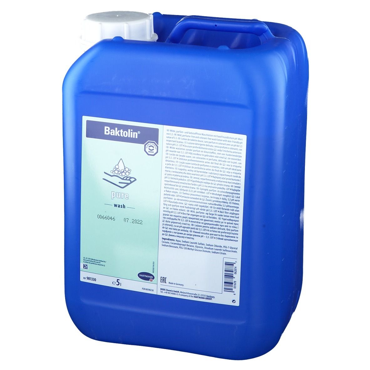 Blauwe jerrycan met handvat en witte dop. Opschrift Baktolin pure wash. 5 liter.