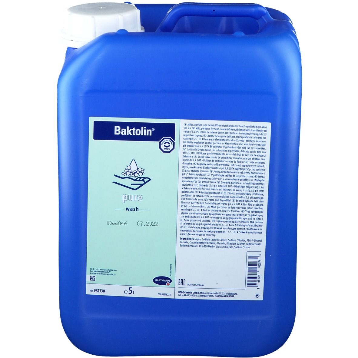 Blauwe jerrycan met handvat en witte dop. Opschrift Baktolin pure wash. 5 liter.