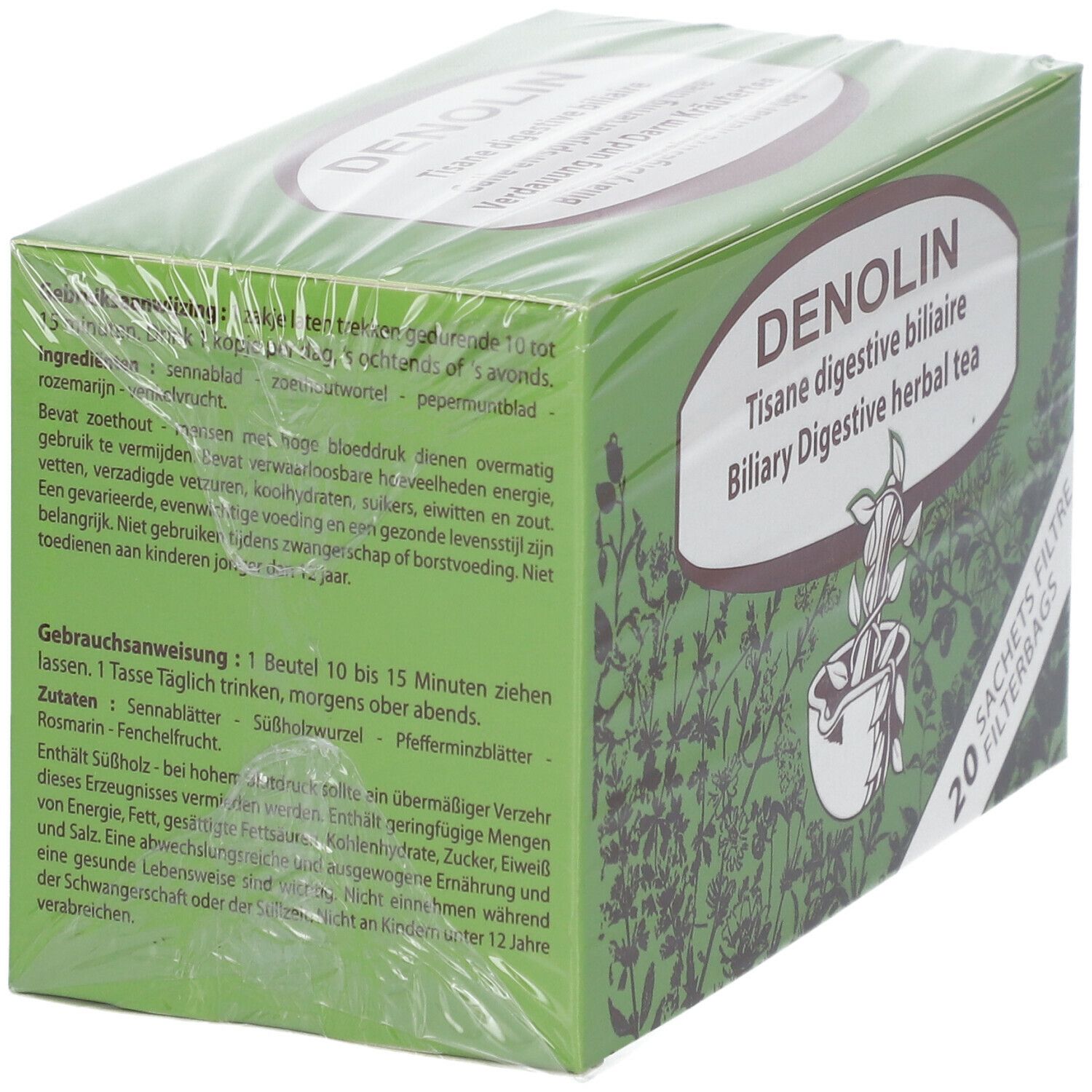 Boîte verte de tisane. Inscription: DENOLIN. Ingrédients et mode d'emploi. 20 sachets filtre. Emballé dans du film.