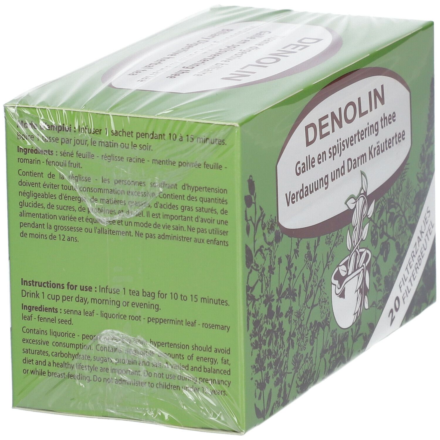 Boîte verte de tisane. Inscription: DENOLIN. Ingrédients et mode d'emploi. 20 sachets filtre. Emballé dans du film.