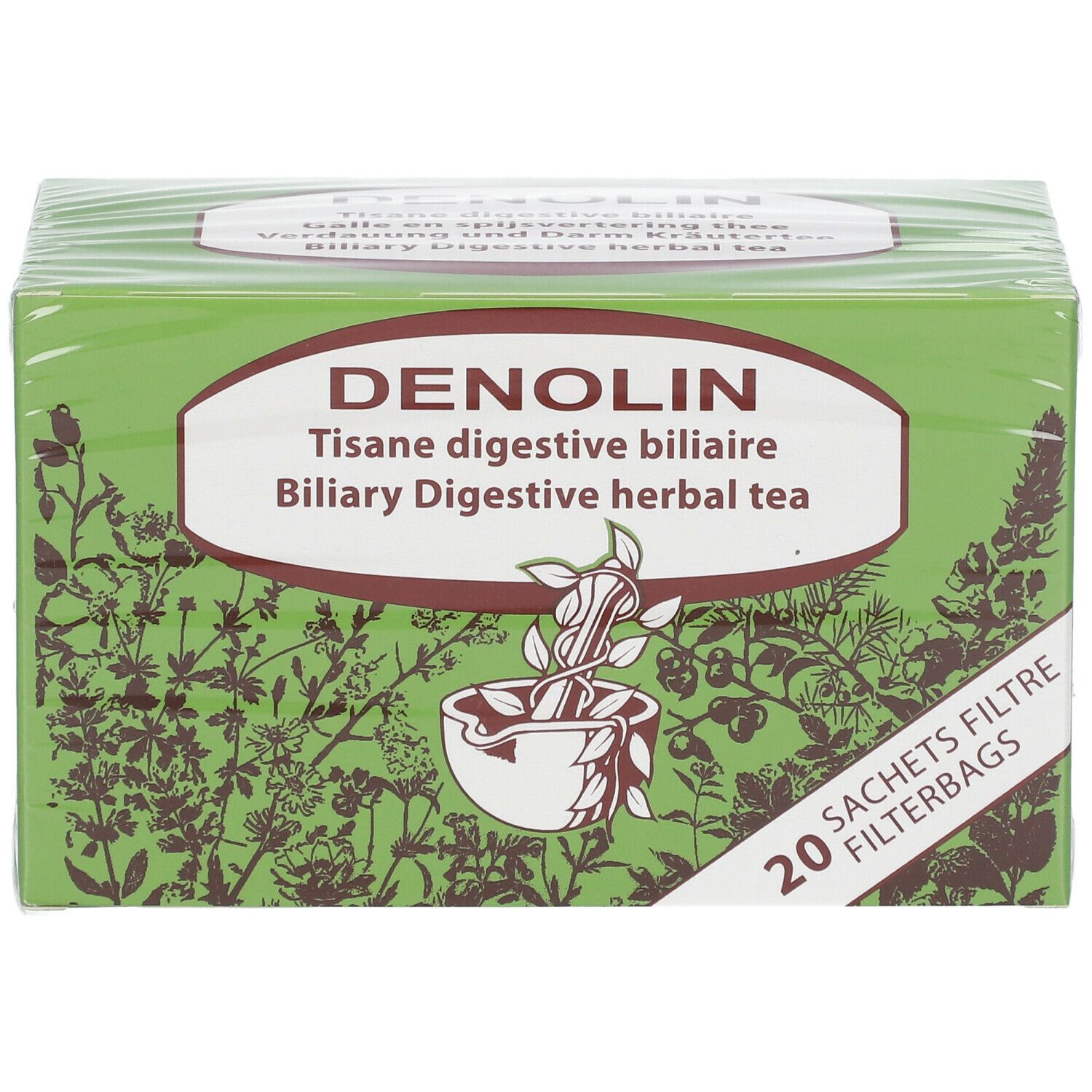 Boîte verte de tisane. Inscription: DENOLIN, Tisane digestive biliaire, Biliary Digestive herbal tea. 20 sachets filtre.