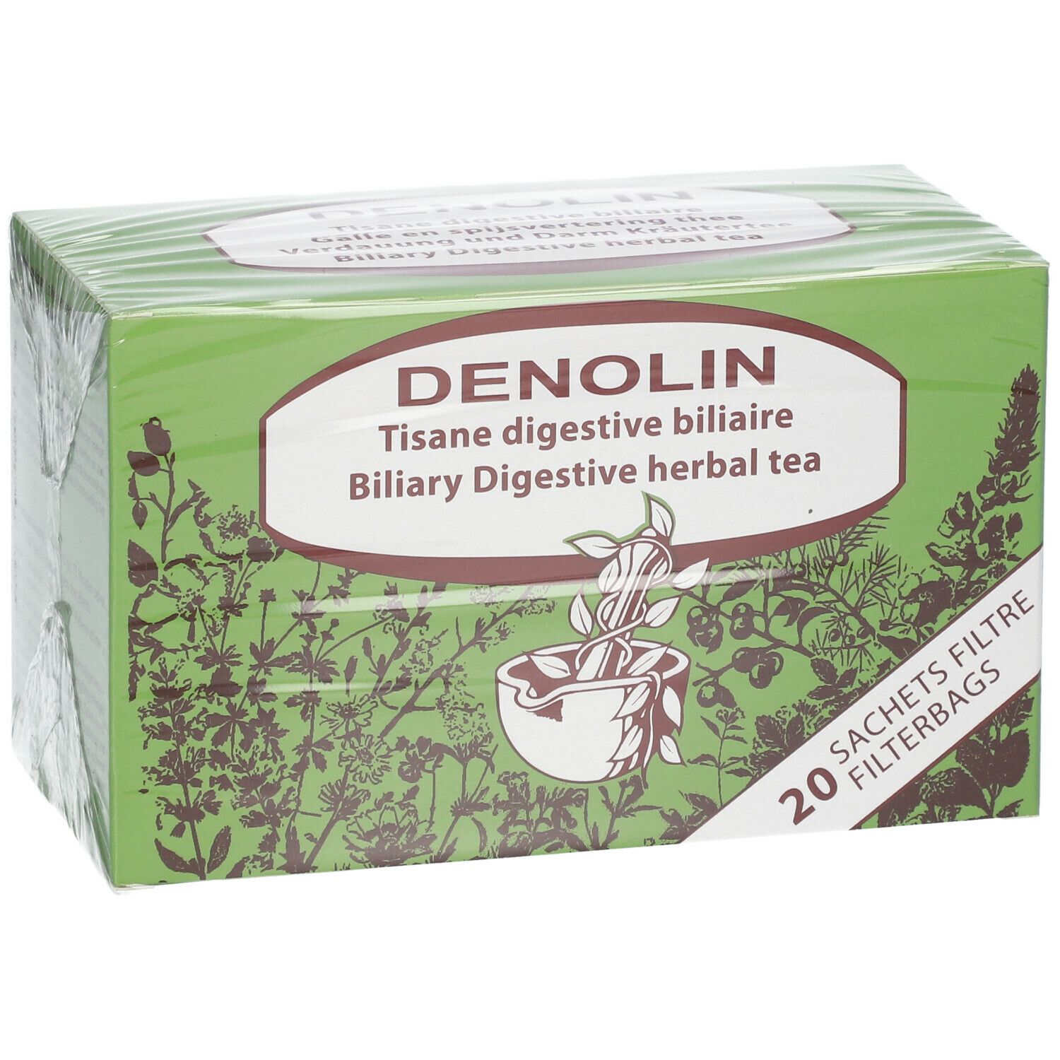 Boîte verte de tisane. Inscription: DENOLIN, Tisane digestive biliaire, Biliary Digestive herbal tea. 20 sachets filtre.