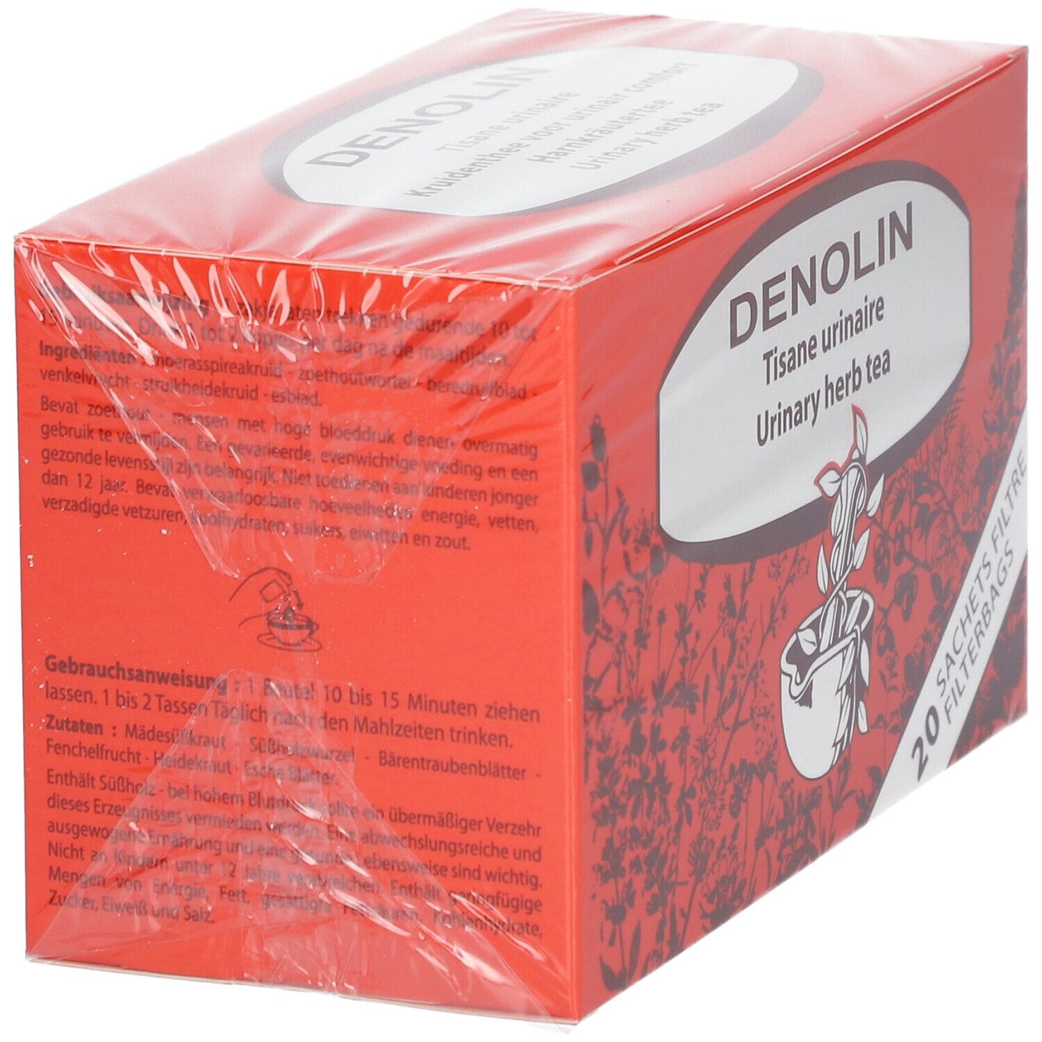Rode Denolin doos, transparante verpakking. Opschrift: tisane urinaire, 20 filterzakjes. Tekst en illustraties op de zijkant.