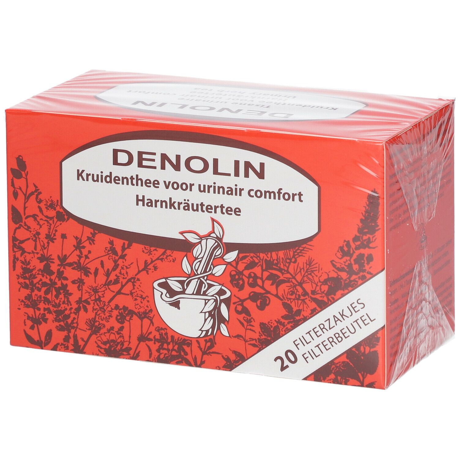 Rode doos Denolin kruidenthee. Opschrift: 20 filterzakjes. Illustratie van kruiden en een kom. Transparante verpakking.