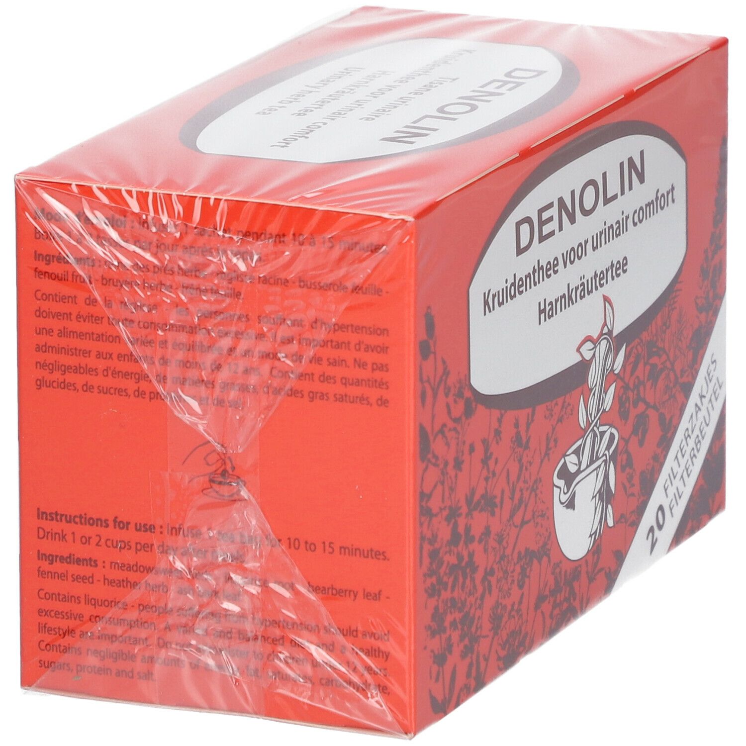 Rode Denolin doos, transparante verpakking. Opschrift: Kruidenthee voor urinair comfort, 20 filterzakjes. Tekst en ingrediënten.