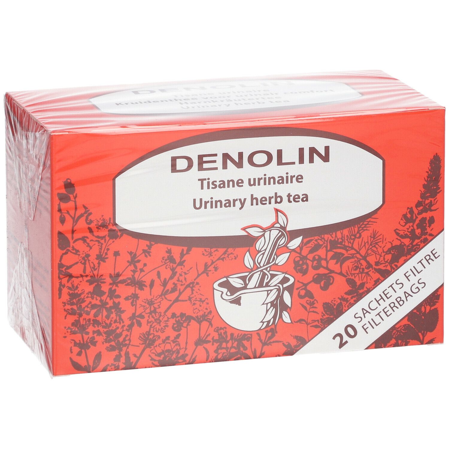 Rode doos Denolin kruidenthee. Opschrift: 20 filterzakjes. Illustratie van kruiden en een kom. Transparante verpakking.