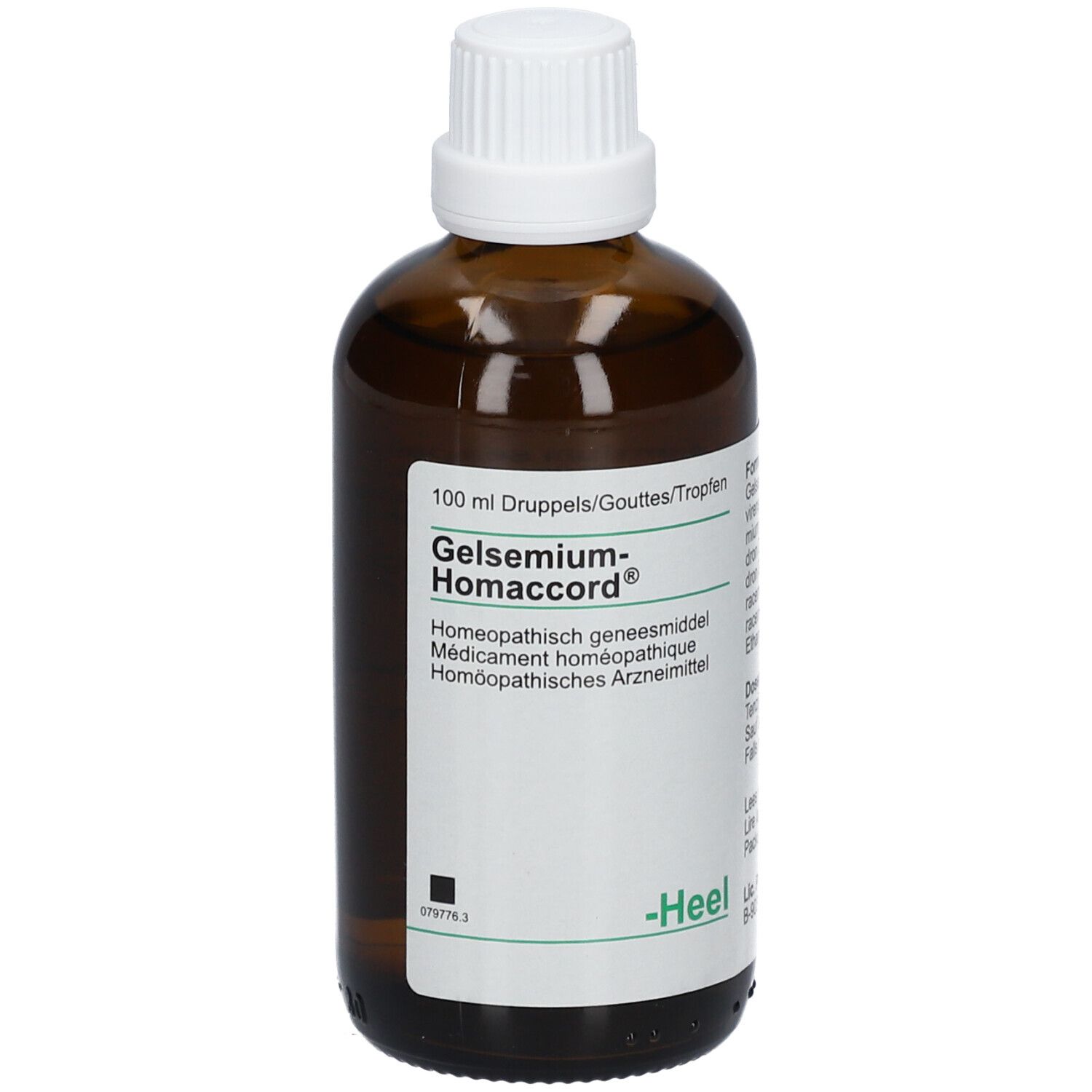 Bruine glazen fles met witte dop. Etiket met productnaam en informatie. Merk Heel.