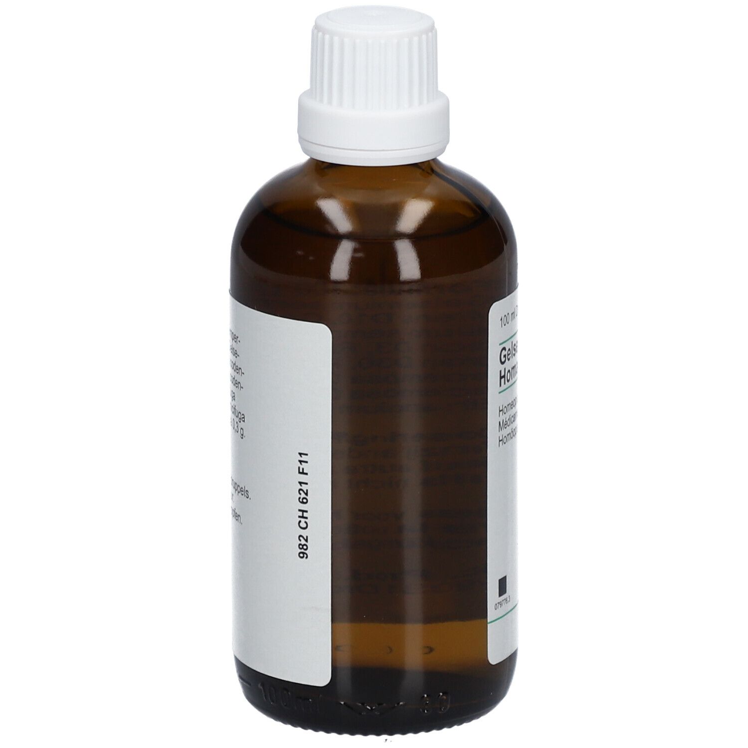 Bruine glazen fles met witte dop. Etiket met productinformatie. Merk Heel.