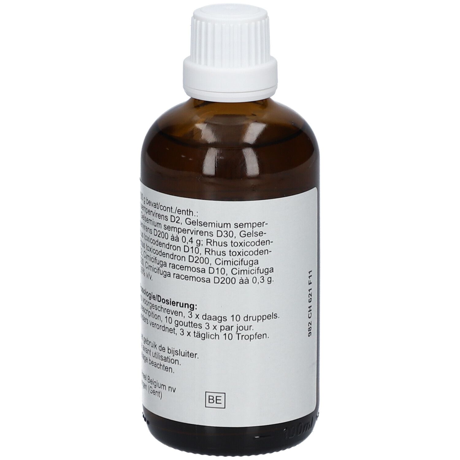 Bruine glazen fles met witte dop. Etiket met informatie en ingrediënten. Merk Heel.