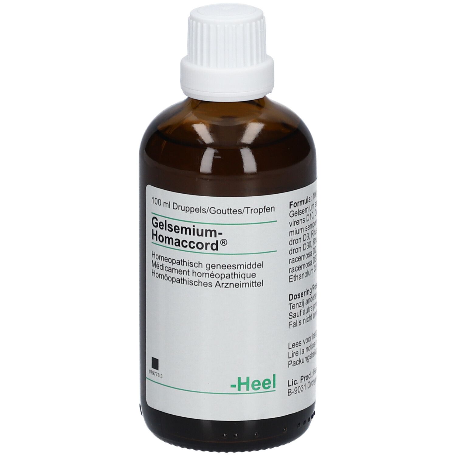 Bruine glazen fles met witte dop. Etiket met productnaam en informatie. Merk Heel.