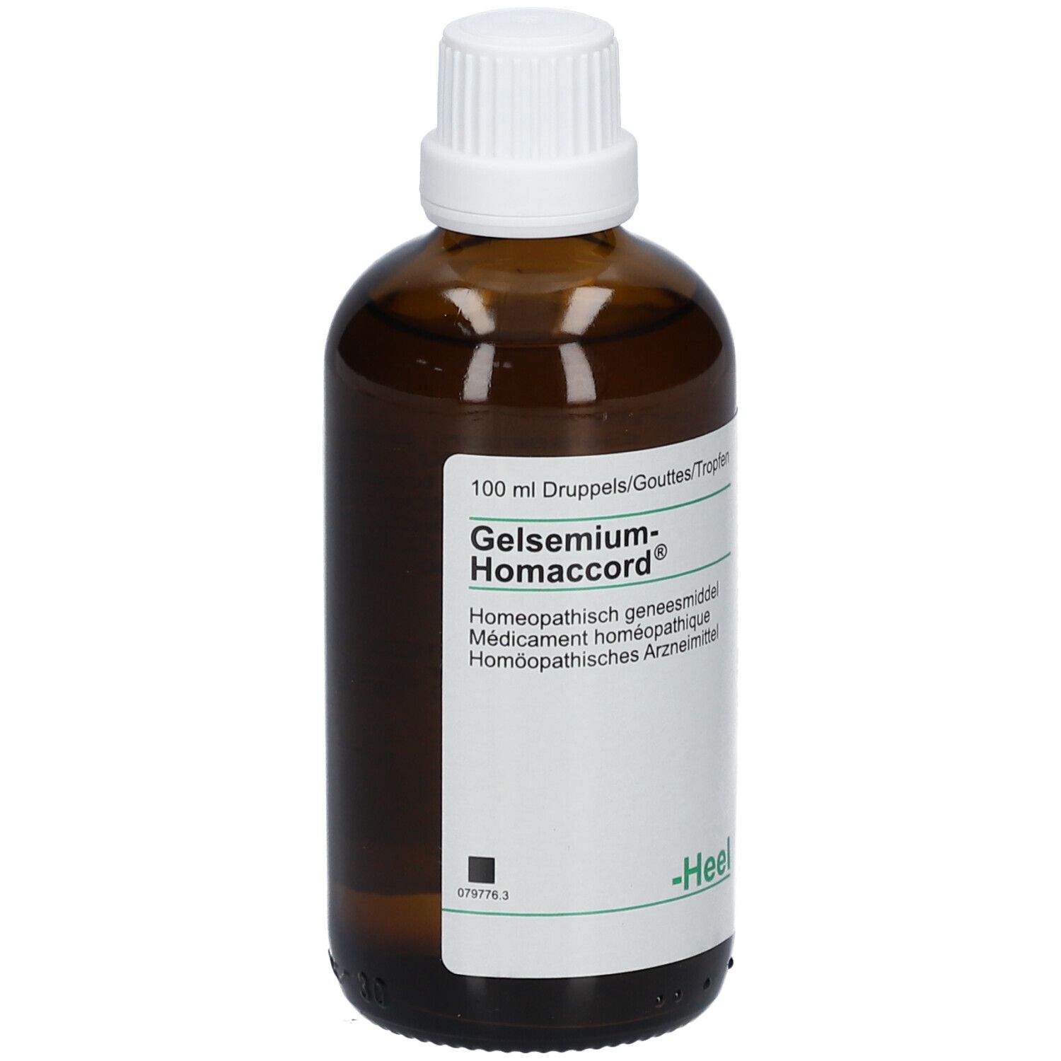 Bruine glazen fles met witte dop. Etiket met productnaam en informatie. Merk Heel.