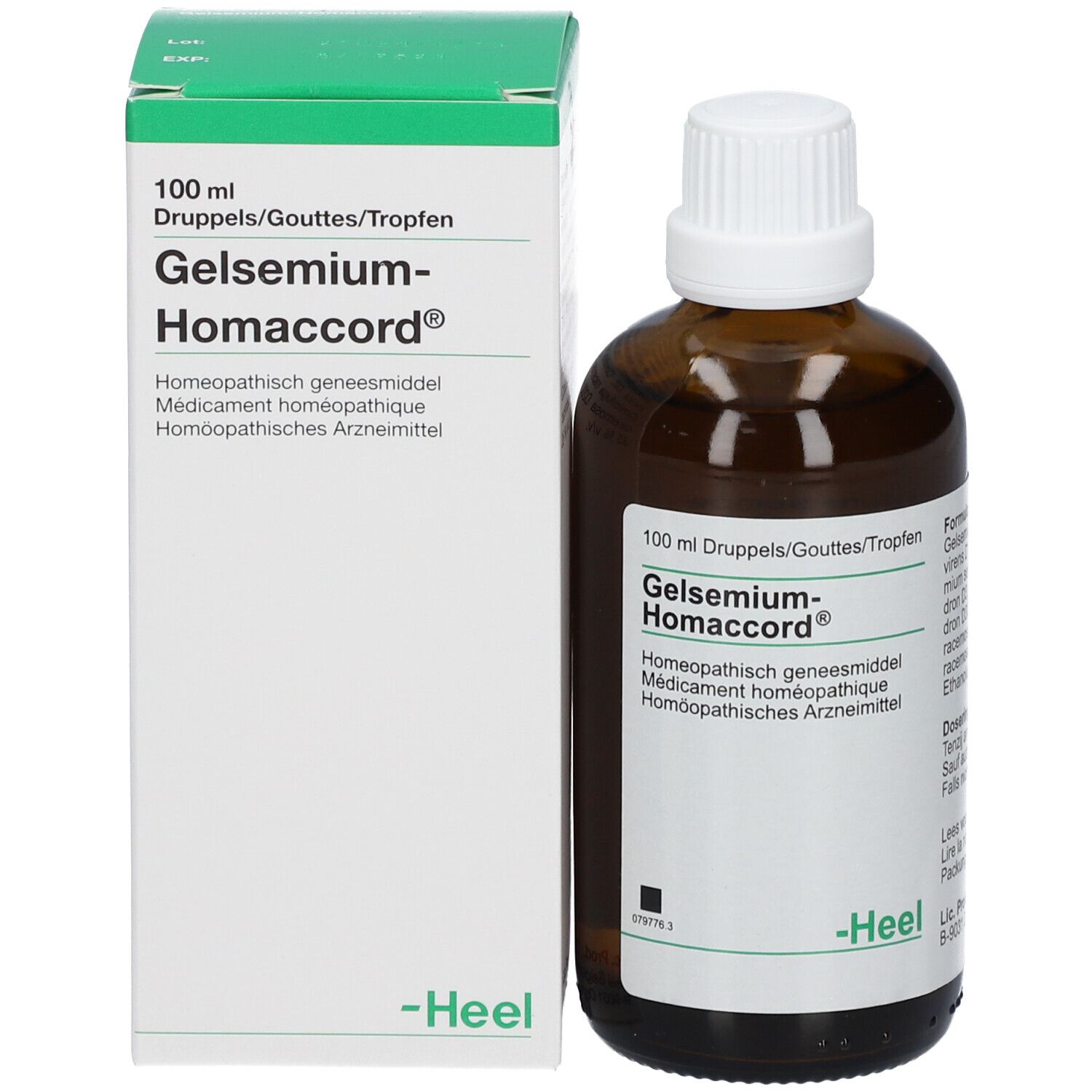Bruine glazen fles met witte dop naast groene doos. Productnaam en merk Heel.