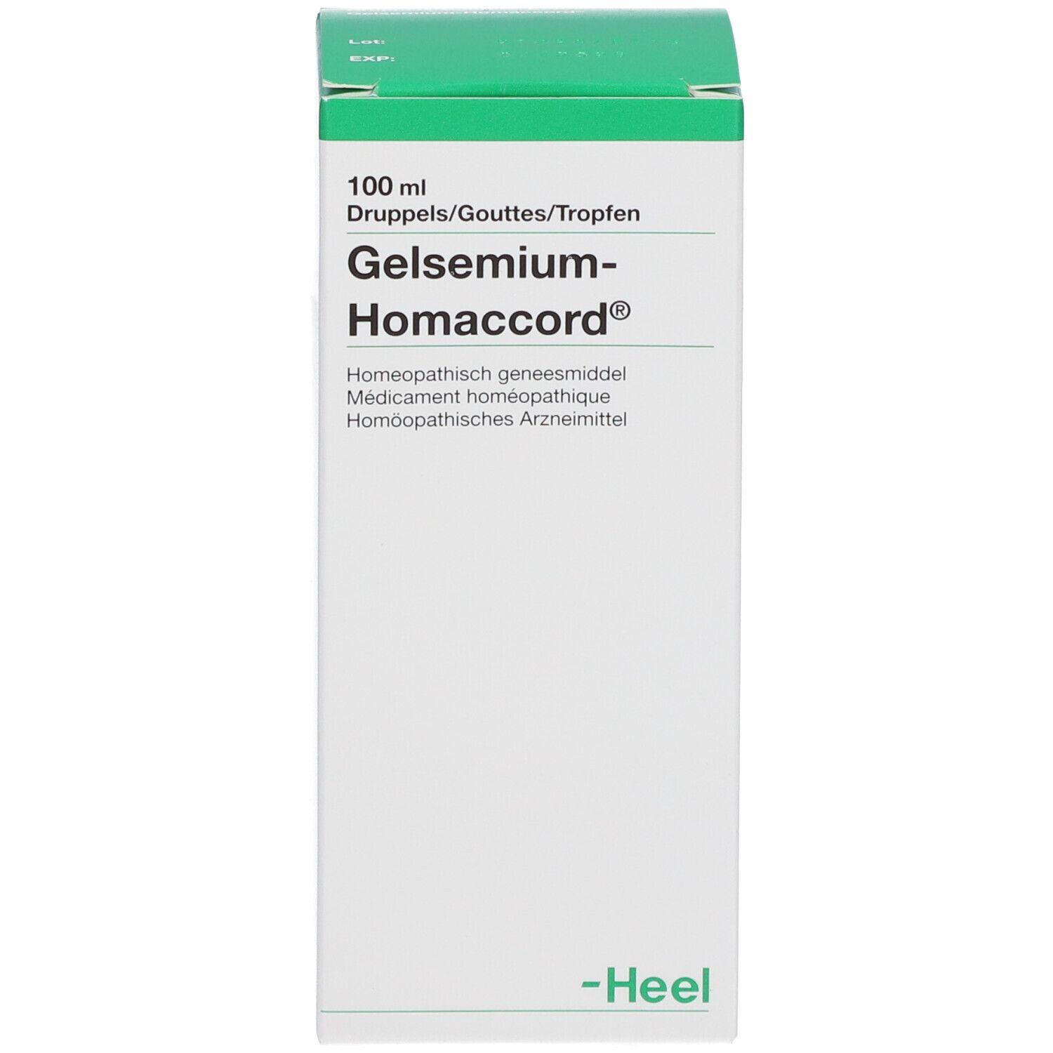 Groene doos met productnaam en informatie. Merk Heel.