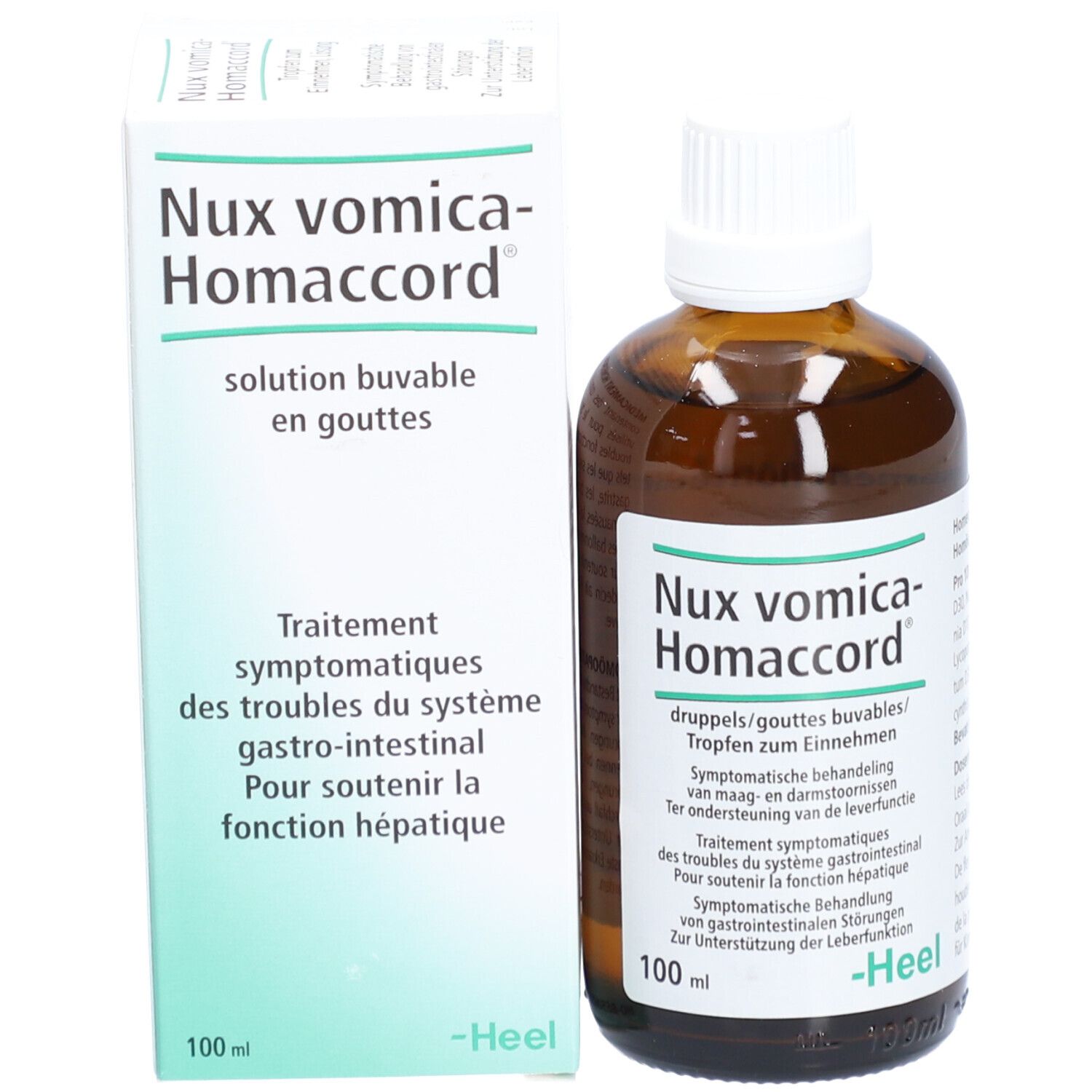 Flacon en verre brun et boîte. Nom du produit et informations sur l'étiquette et la boîte. Marque Heel.