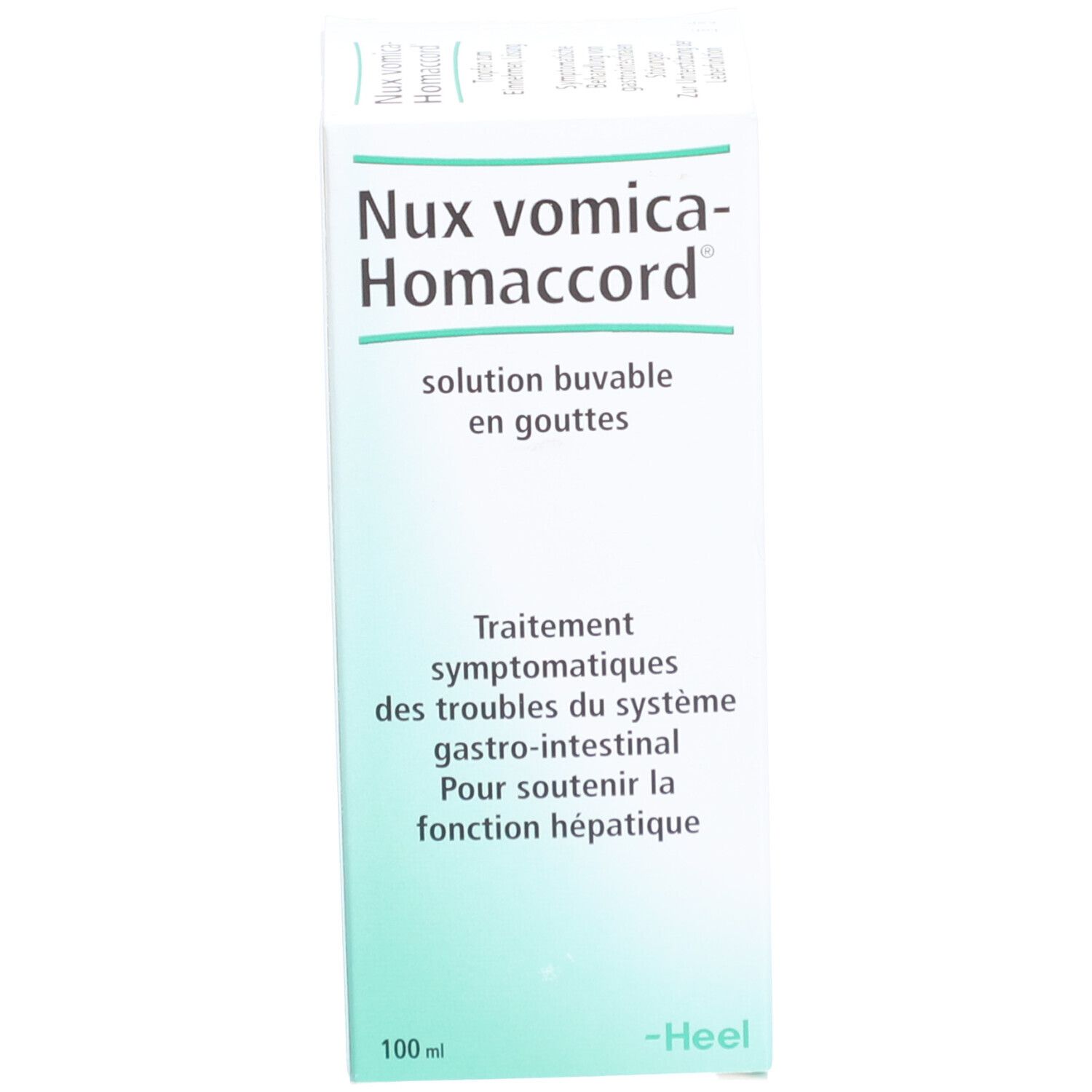 Boîte blanche avec nom du produit et informations. Marque Heel.