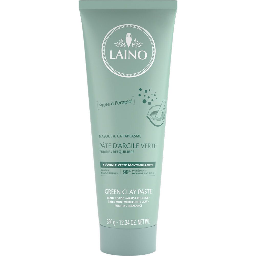Tube vert avec logo LAINO. Texte: Pâte d'Argile Verte, Green Clay Paste. 350g. Logo rond avec oiseau.