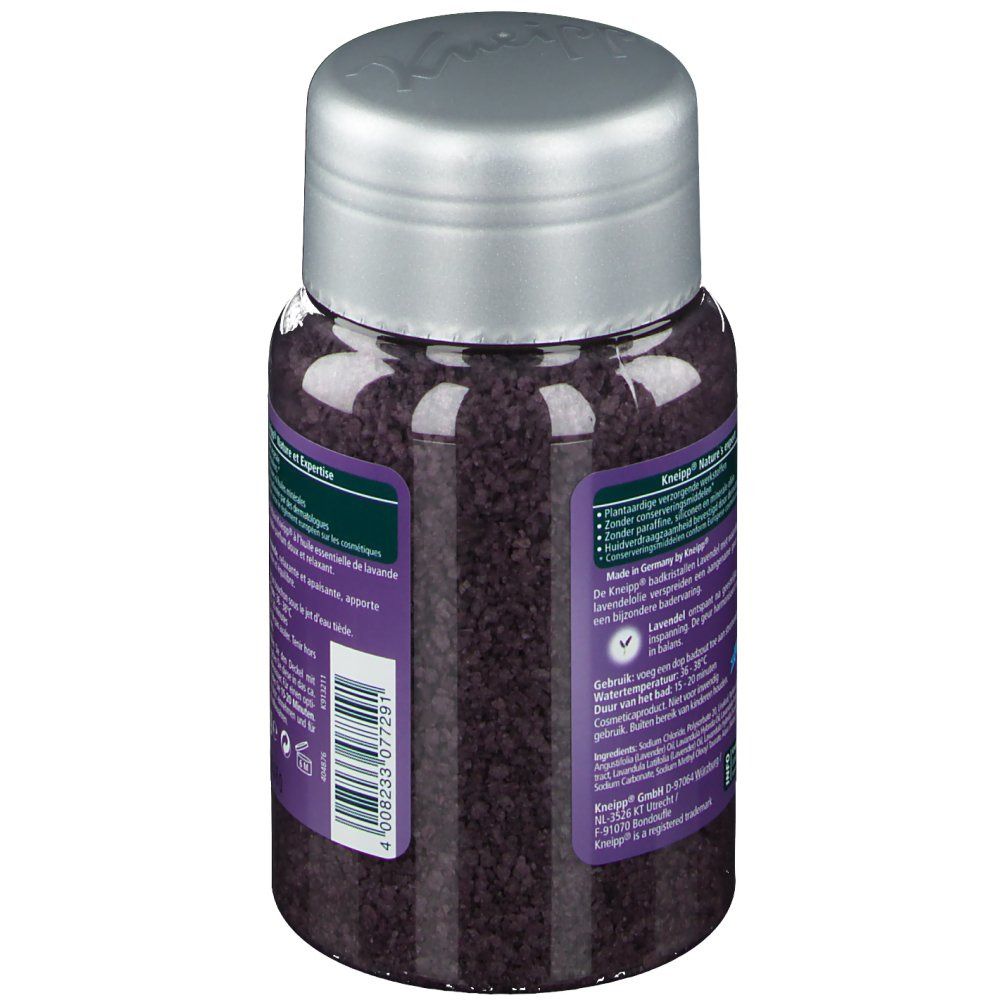 Cristaux de bain Kneipp Lavande. Flacon violet avec couvercle argenté. Vue arrière avec informations et code-barres.