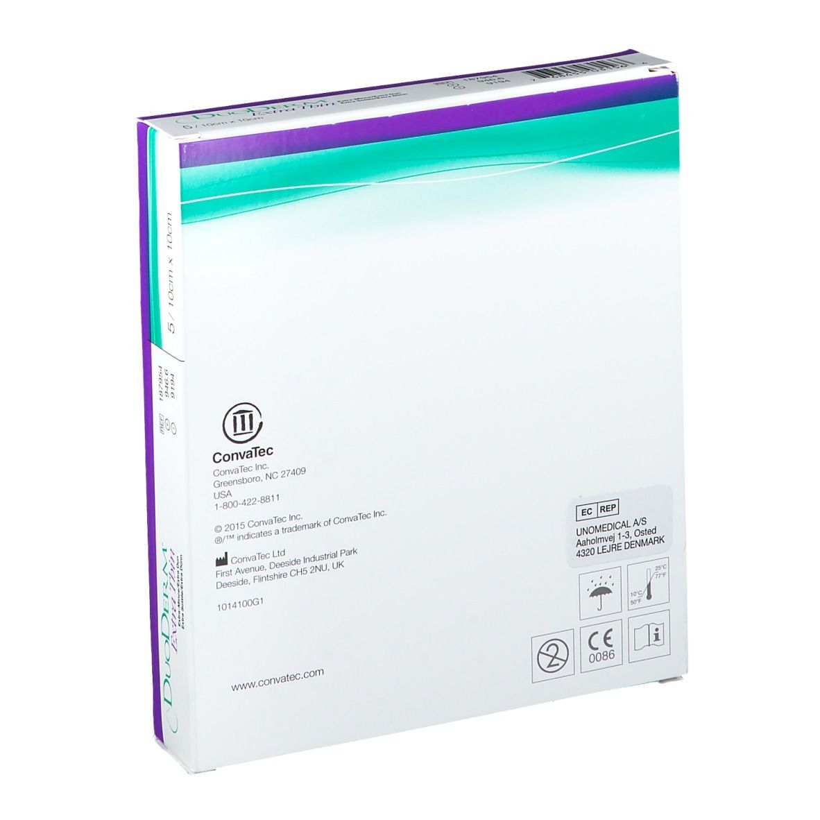 Rückseite der DuoDERM® Extra Thin Dressing-Verpackung. Herstellerinformationen, Chargennummer, CE-Kennzeichnung und Hinweise zur Lagerung.