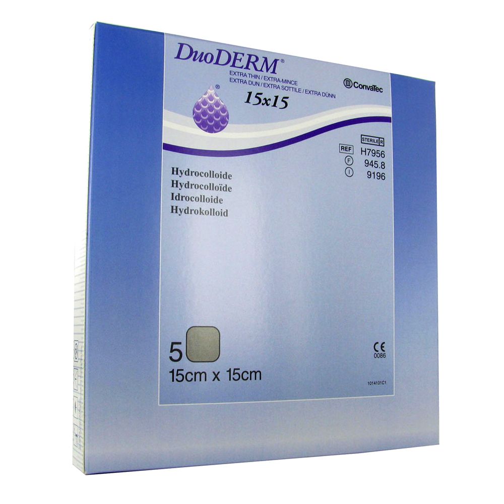 Boîte de pansements DuoDERM® Hydrocolloïde 15x15 cm. Contient 5 unités. Inscription: Hydrocolloïde, stérile.
