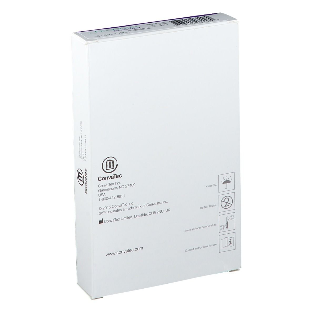 Dos de la boîte DuoDerm Extra Thin. Informations sur le fabricant et les labels de qualité.