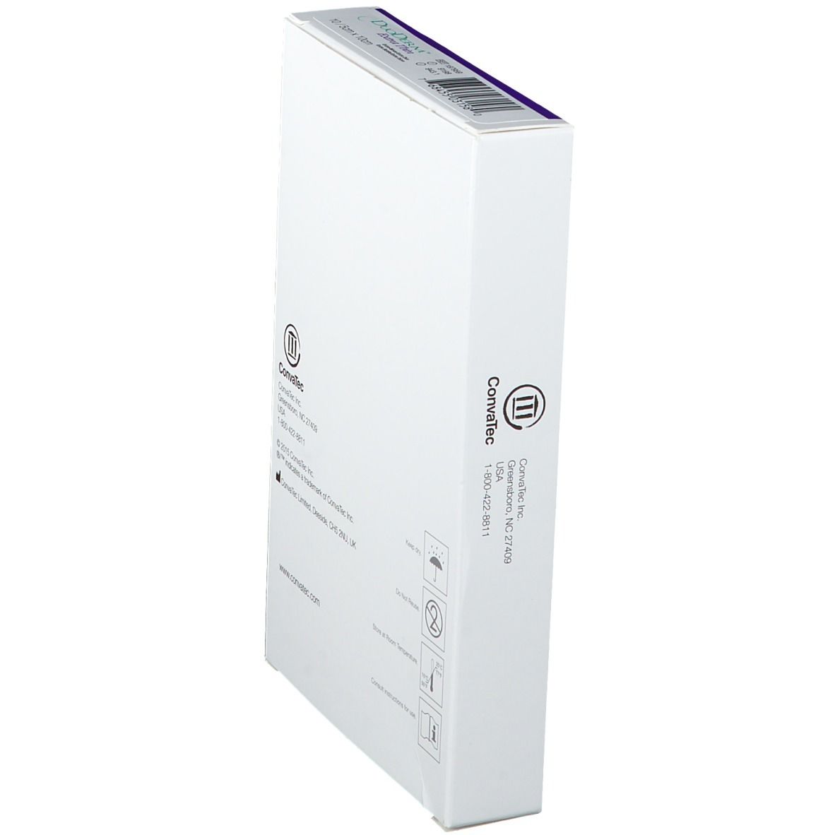 Vue latérale de la boîte DuoDerm Extra Thin. Informations fabricant et labels qualité.