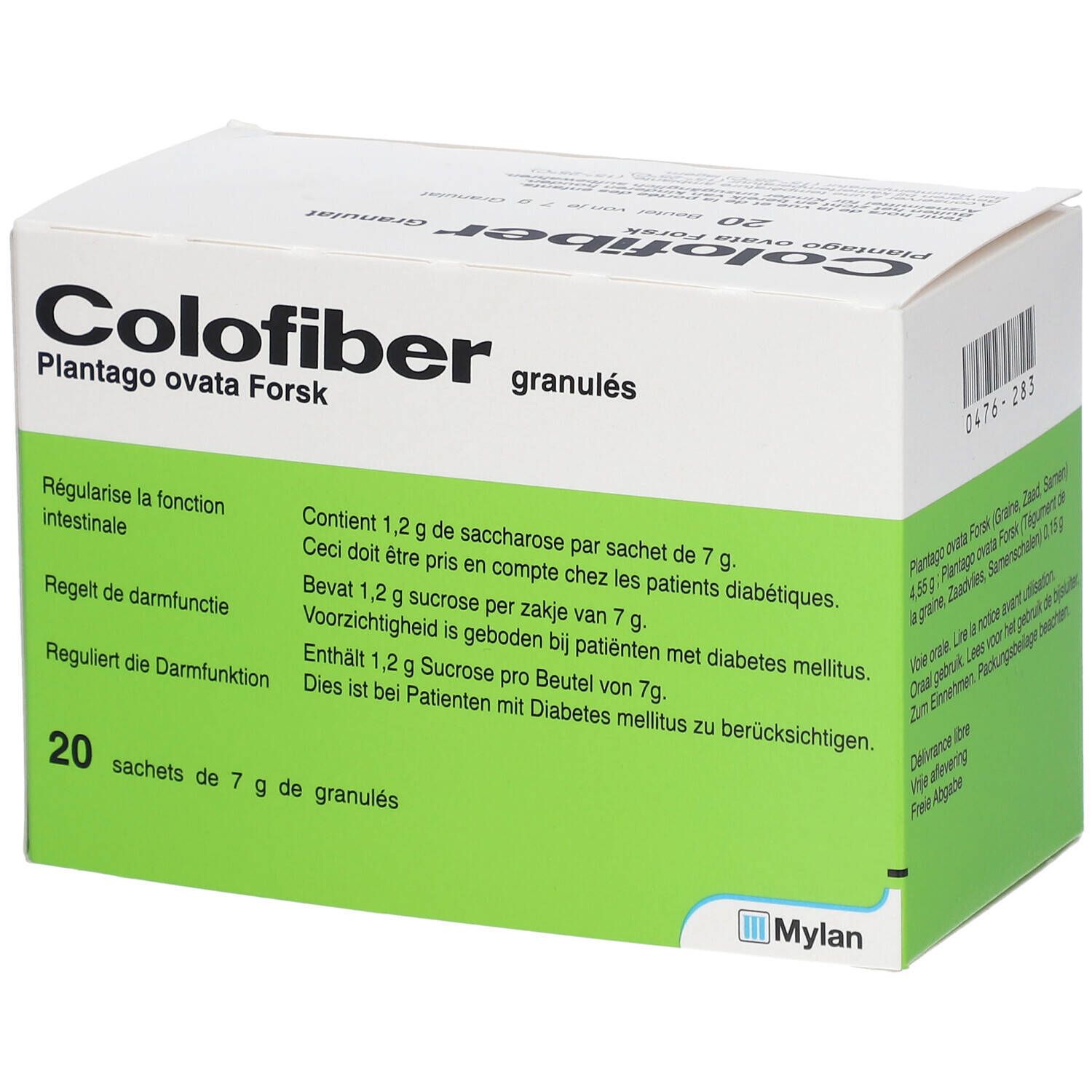 Doos Colofiber granulaat. Opschrift: 20 sachets à 7 g de granulés. Mylan logo.