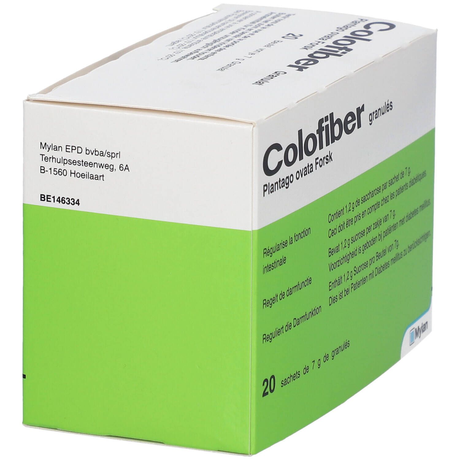 Doos Colofiber granulaat. Opschrift: 20 sachets à 7 g de granulés. Mylan logo.