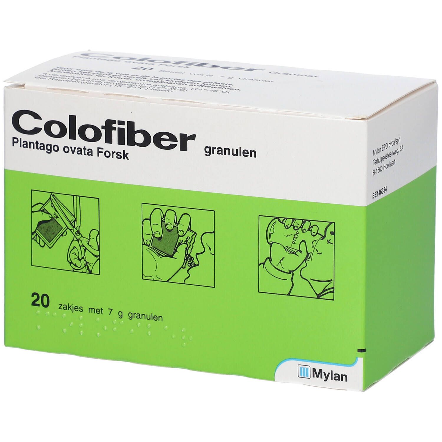Doos Colofiber granulaat. Opschrift: 20 zakjes met 7 g granulen. Mylan logo. Illustraties.