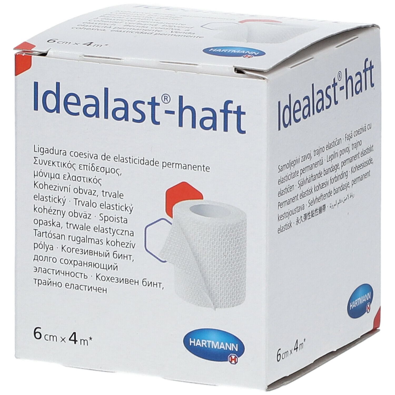 Boîte de Idealast-haft, 6cm x 4m. Bande blanche représentée. Logo Hartmann.