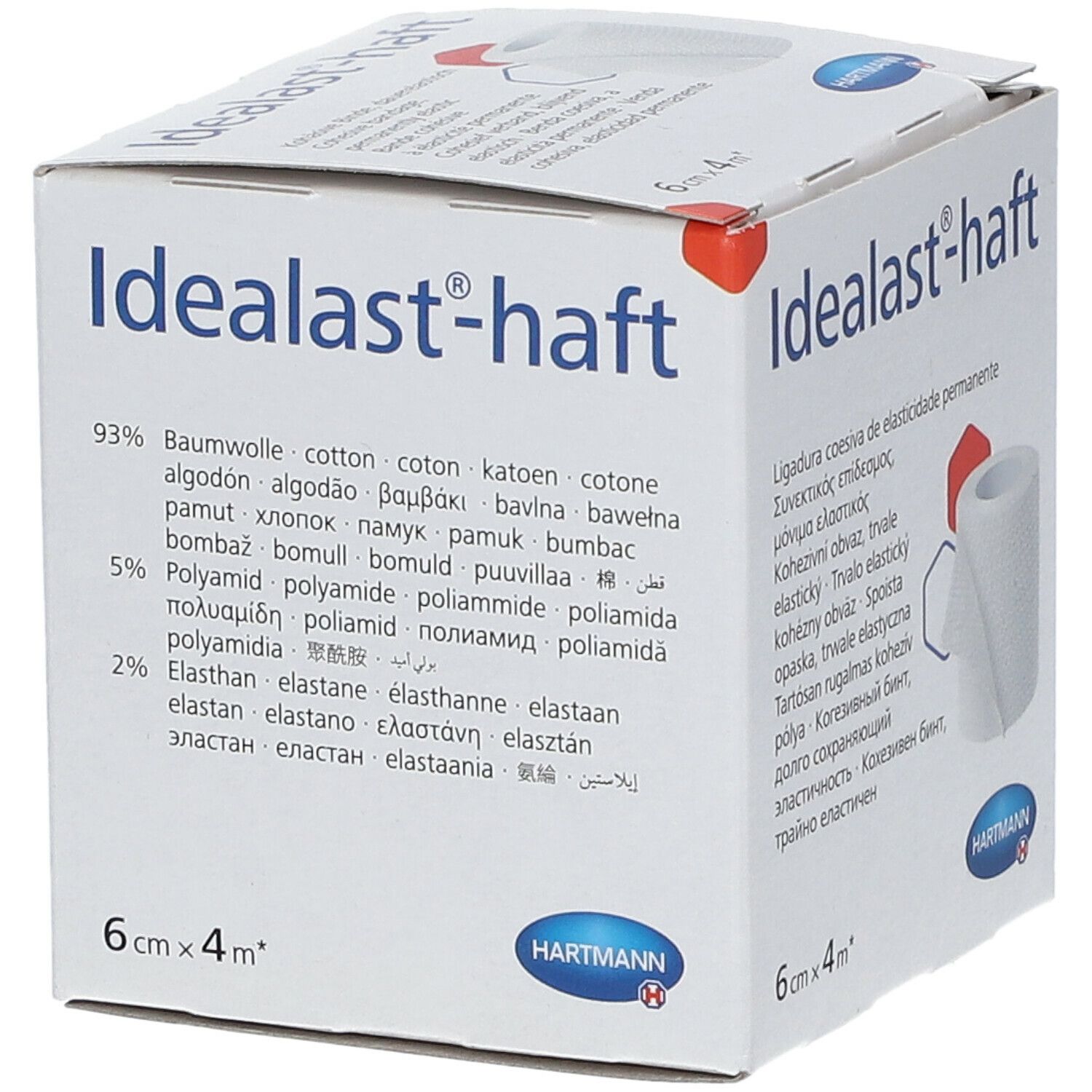 Boîte de Idealast-haft, 6cm x 4m. Ingrédients: 93% coton, 5% polyamide, 2% élasthanne. Logo Hartmann.