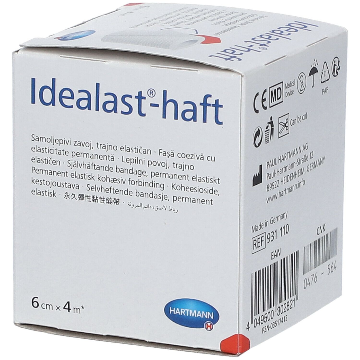 Boîte Idealast-haft, 6cm x 4m. Inscription: Bande élastique auto-adhésive. Logo Hartmann. Dispositif médical.