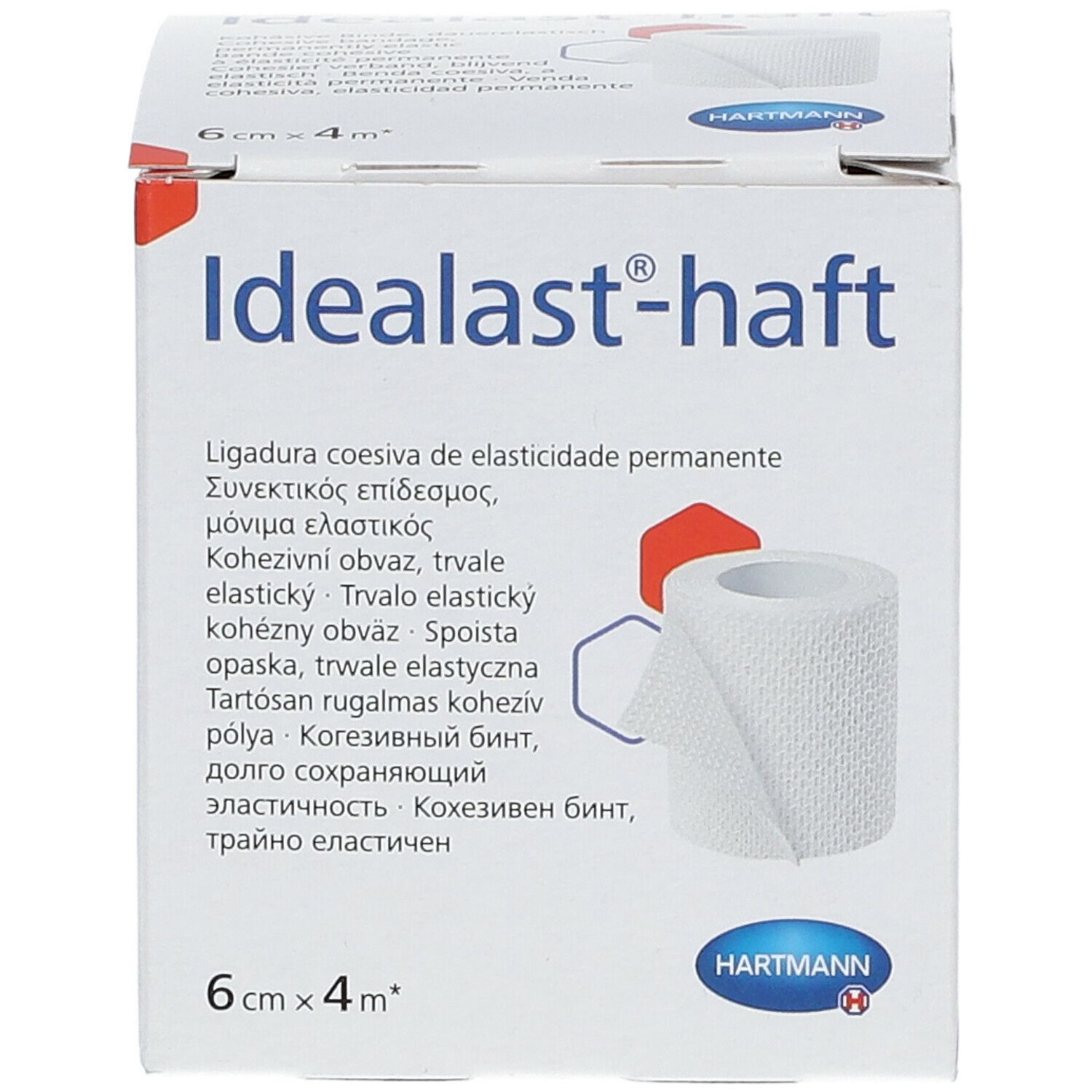 Boîte Idealast-haft, 6cm x 4m. Bande blanche représentée. Logo Hartmann.