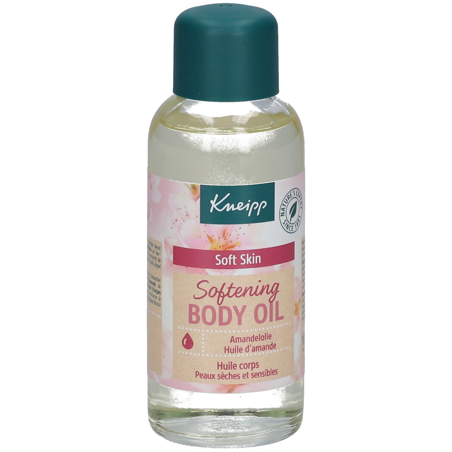Flesje lichaamsolie met groene dop. Opschrift: Kneipp, Soft Skin, Softening Body Oil. Voor de droge en gevoelige huid.