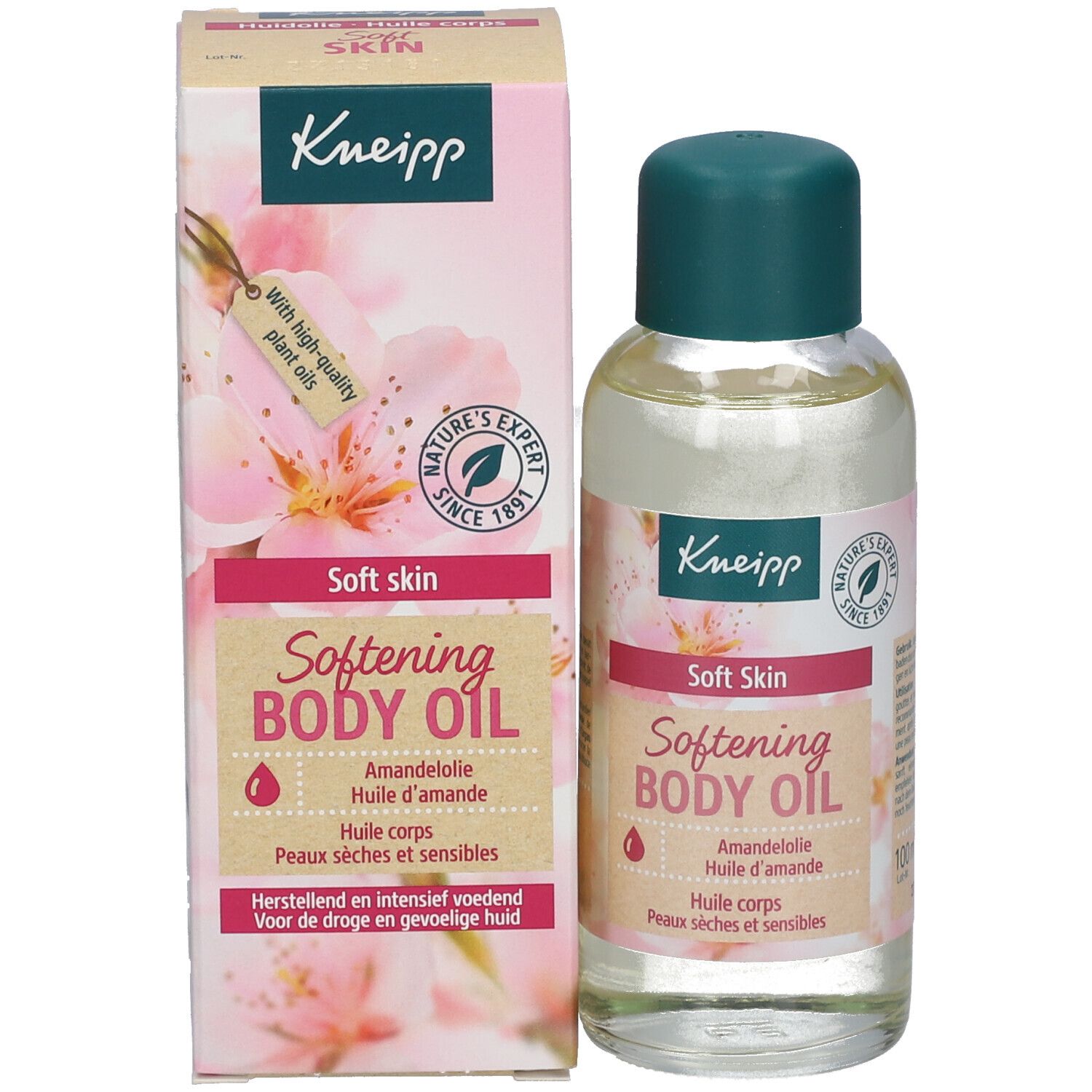 Lichaamsoliefles en verpakking. Opschrift: Kneipp, Soft Skin, Softening Body Oil. Voor de droge en gevoelige huid. Met hoogwaardige plantaardige oliën.