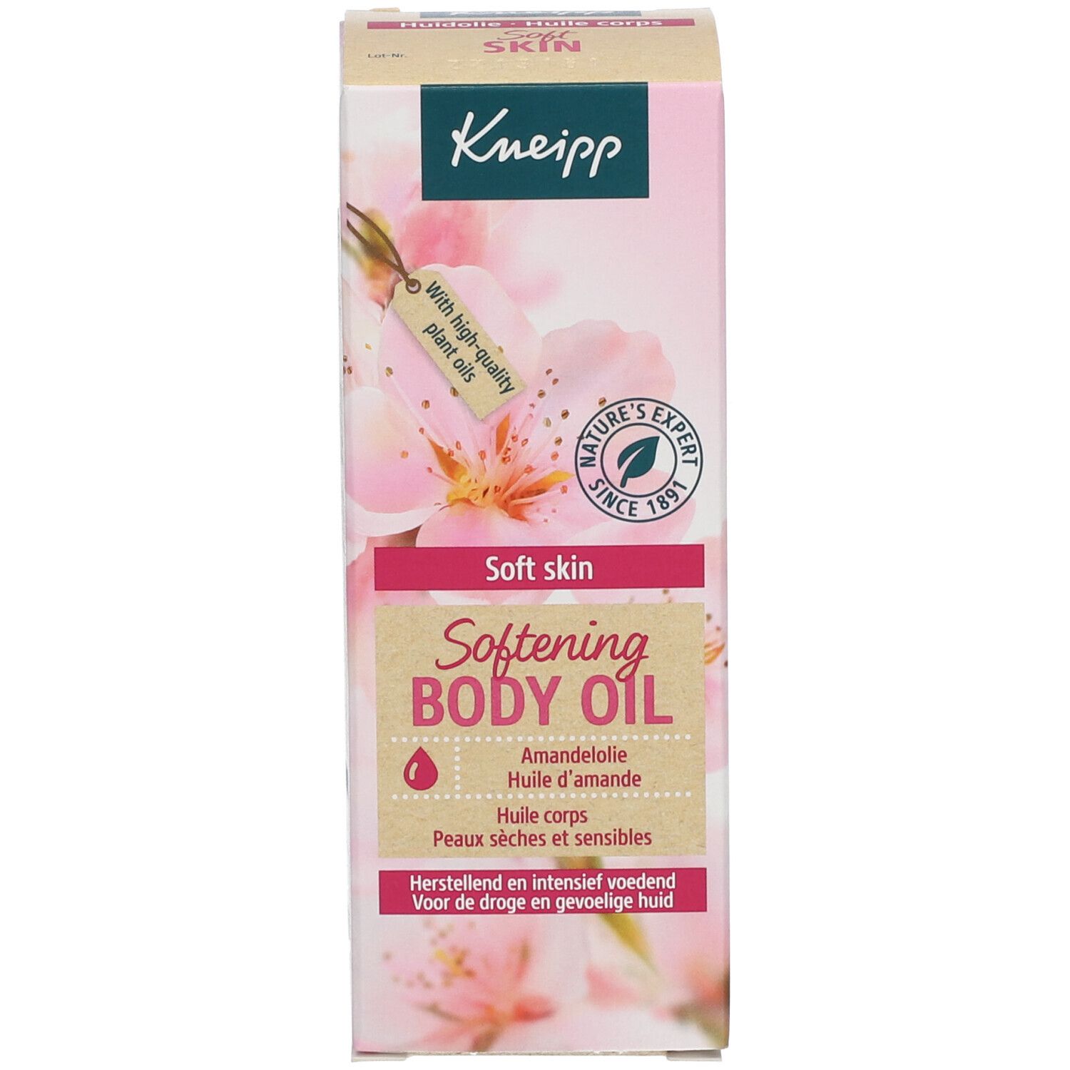 Verpakking met opschrift: Kneipp, Soft Skin, Softening Body Oil. Voor de droge en gevoelige huid. Met hoogwaardige plantaardige oliën.